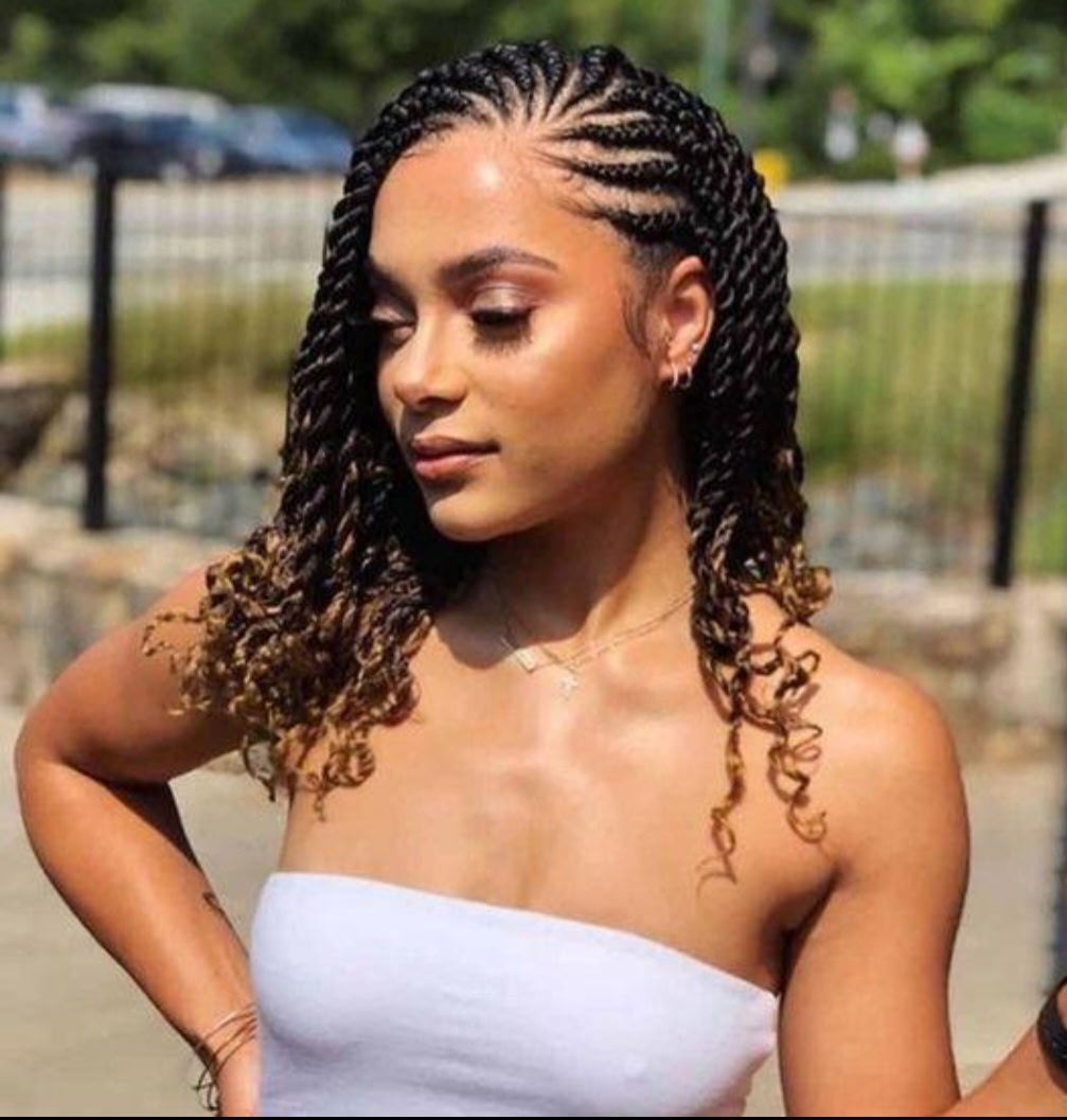 Twists with curled ombre ends by Joy Braiding in Duluth, GA